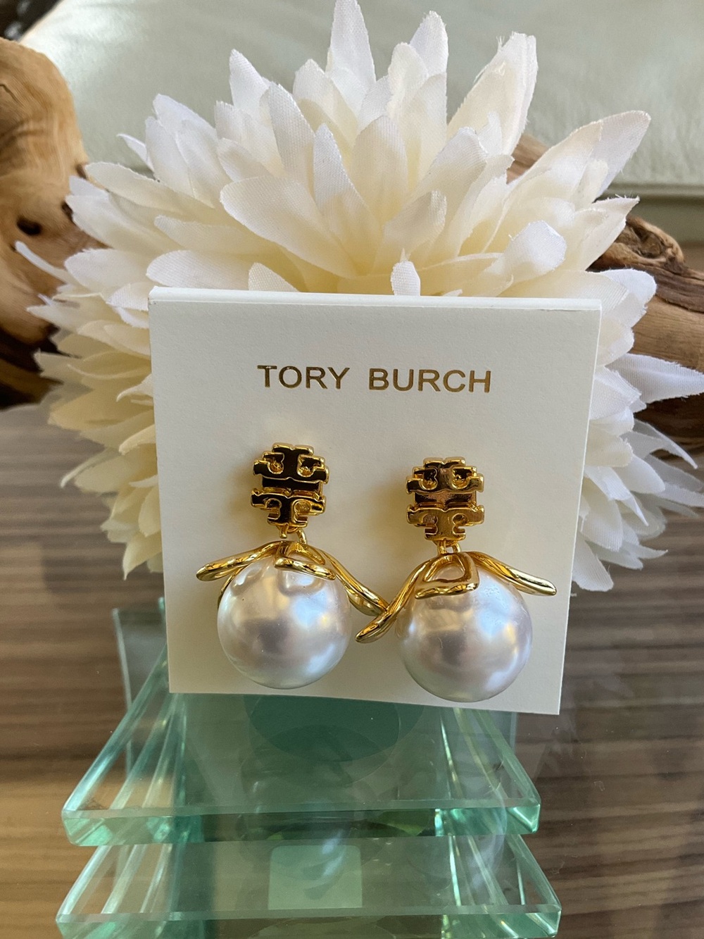 Tory Burch Gold Logo with White Pearl Drop Earrings